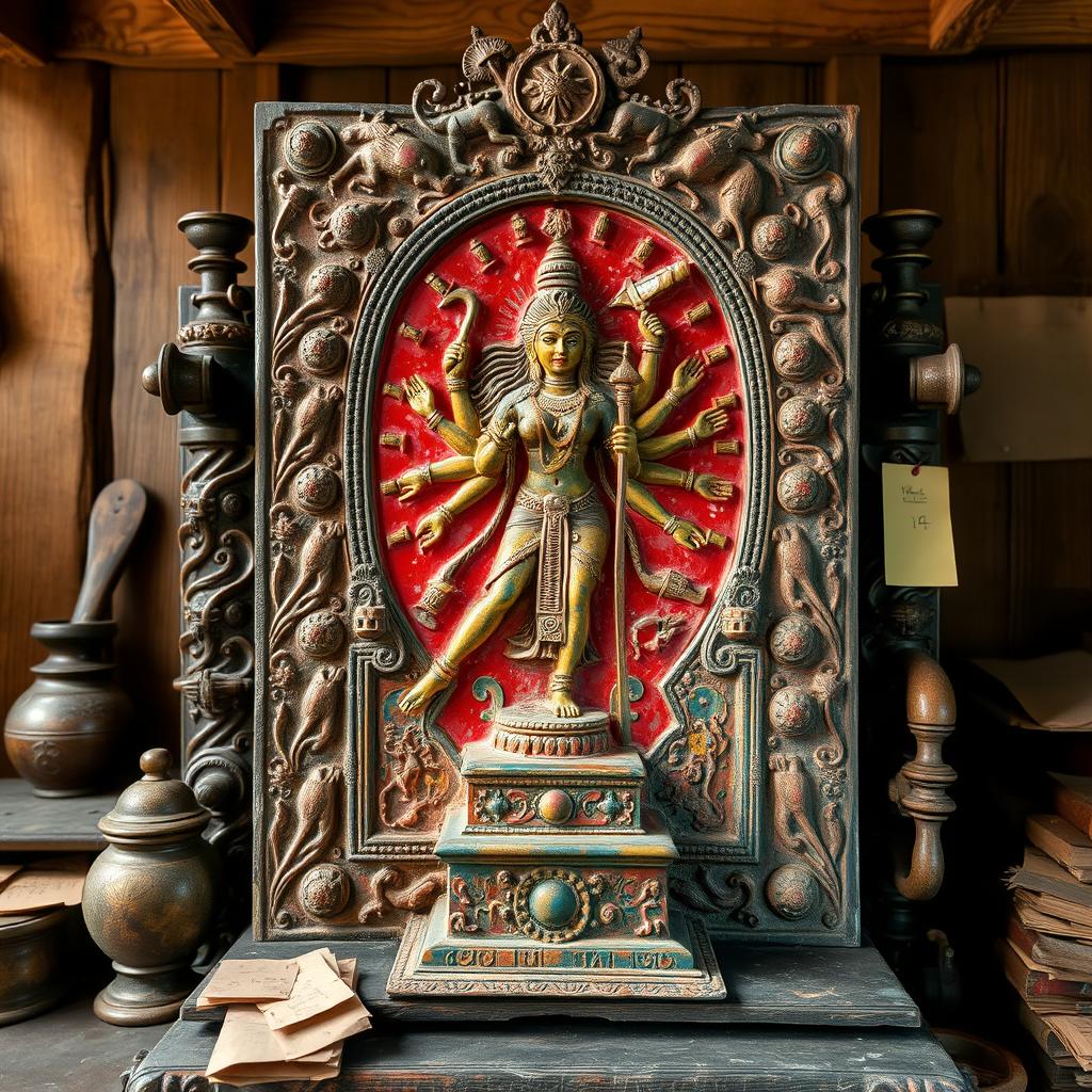 An ancient printing press with intricate carvings, depicting the Hindu goddess Kali in her fierce form, surrounded by vibrant colors