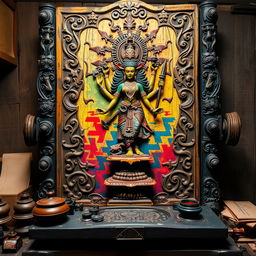 An ancient printing press with intricate carvings, depicting the Hindu goddess Kali in her fierce form, surrounded by vibrant colors