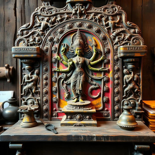 An ancient printing press with intricate carvings, depicting the Hindu goddess Kali in her fierce form, surrounded by vibrant colors