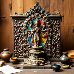 An ancient printing press with intricate carvings, depicting the Hindu goddess Kali in her fierce form, surrounded by vibrant colors