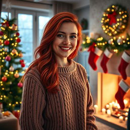 A young adult woman with vibrant red hair wearing a cozy knitted sweater, celebrating Christmas in a beautifully decorated living room