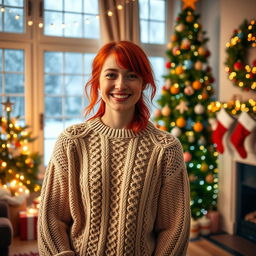 A young adult woman with vibrant red hair wearing a cozy knitted sweater, celebrating Christmas in a beautifully decorated living room