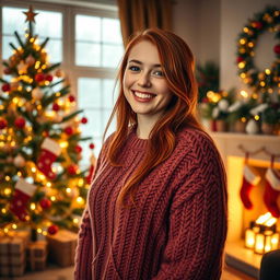 A young adult woman with vibrant red hair wearing a cozy knitted sweater, celebrating Christmas in a beautifully decorated living room