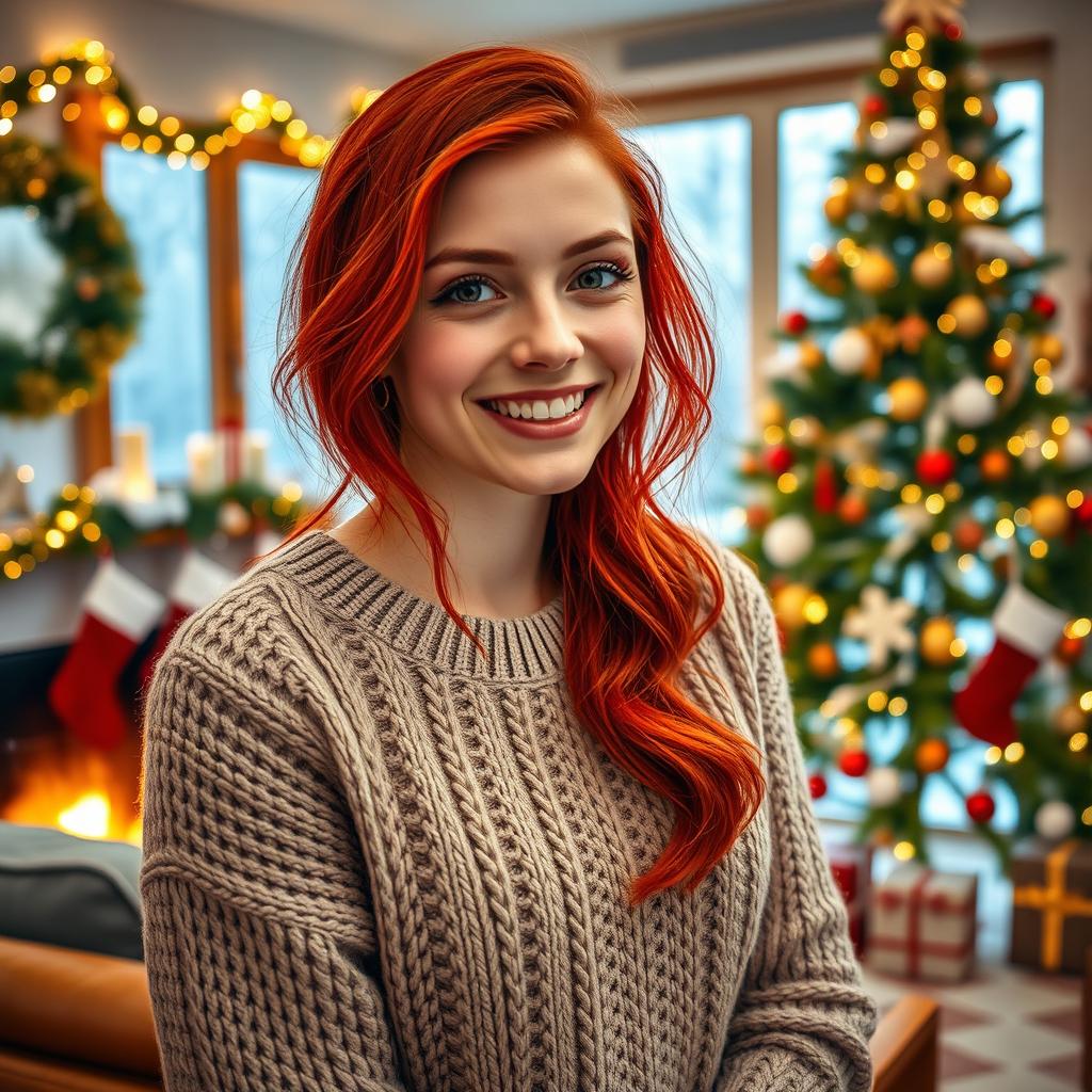 A young adult woman with vibrant red hair wearing a cozy knitted sweater, celebrating Christmas in a beautifully decorated living room