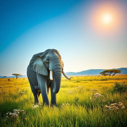 A majestic elephant standing gracefully in a lush green savannah, surrounded by flowering plants and tall grasses