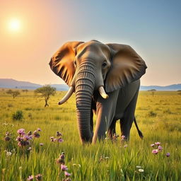 A majestic elephant standing gracefully in a lush green savannah, surrounded by flowering plants and tall grasses