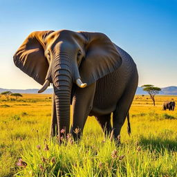 A majestic elephant standing gracefully in a lush green savannah, surrounded by flowering plants and tall grasses