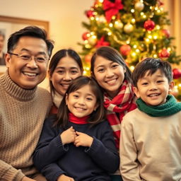 A happy Asian family consisting of a 45-year-old father, a 44-year-old mother, a 13-year-old daughter, and a 10-year-old son