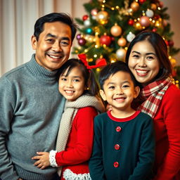 A happy Asian family consisting of a 45-year-old father, a 44-year-old mother, a 13-year-old daughter, and a 10-year-old son