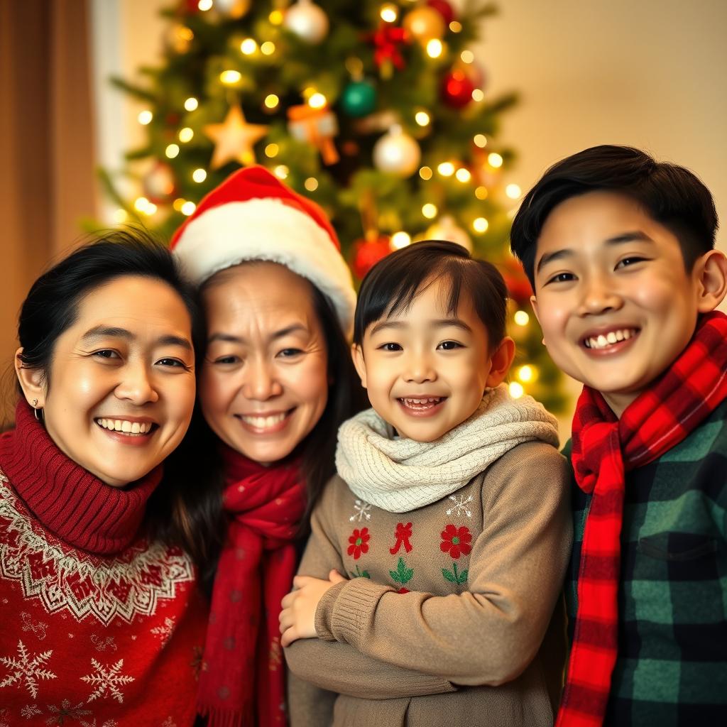 A happy Asian family consisting of a 45-year-old father, a 44-year-old mother, a 13-year-old daughter, and a 10-year-old son