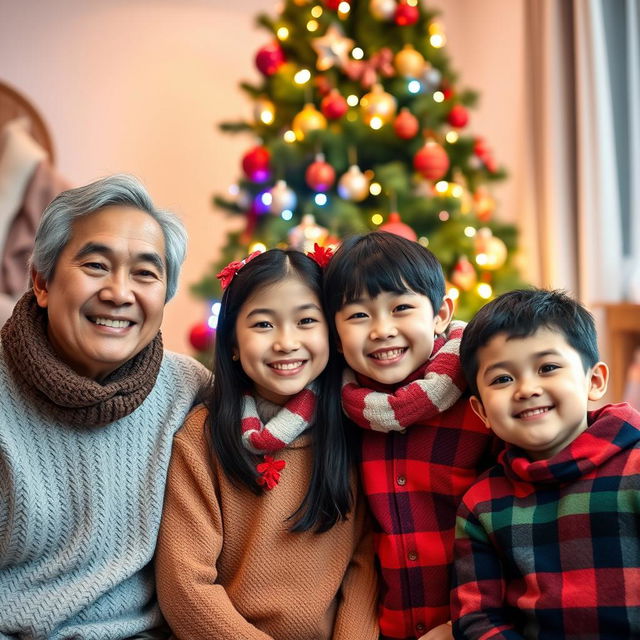 A happy Asian family consisting of a 45-year-old father, a 44-year-old mother, a 13-year-old daughter, and a 10-year-old son