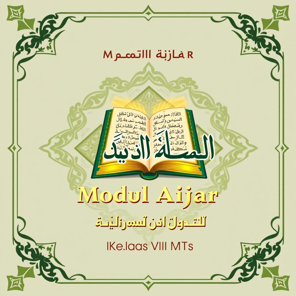 A beautifully designed cover for a learning module dedicated to the Quran and Hadith for 8th grade students at MTs