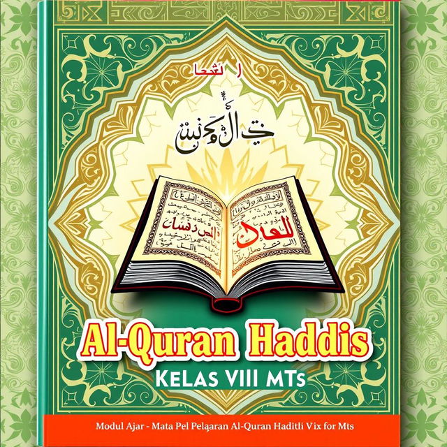 A beautifully designed cover for a learning module dedicated to the Quran and Hadith for 8th grade students at MTs