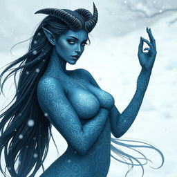 A beautiful blue-skinned tiefling female with intricate white tattoos adorning her body, featuring flowing long black hair