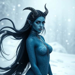 A beautiful blue-skinned tiefling female with intricate white tattoos adorning her body, featuring flowing long black hair