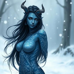 A beautiful blue-skinned tiefling female with intricate white tattoos adorning her body, featuring flowing long black hair