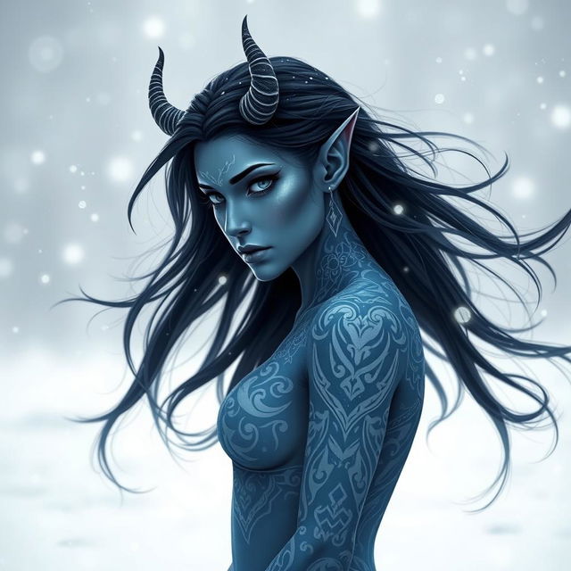 A beautiful blue-skinned tiefling female with intricate white tattoos adorning her body, featuring flowing long black hair