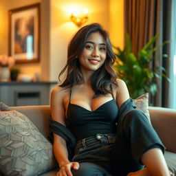An attractive Asian woman exuding confidence and allure, relaxing elegantly in a beautifully decorated home interior