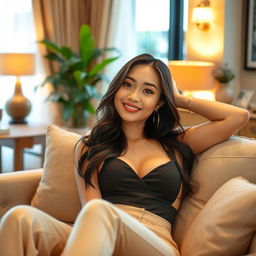 An attractive Asian woman exuding confidence and allure, relaxing elegantly in a beautifully decorated home interior