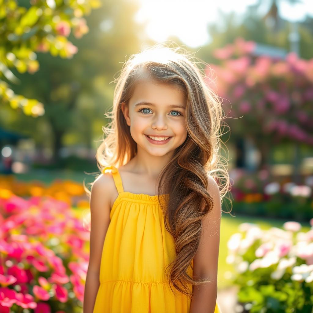 A charming photo of a cute girl with a joyful smile, standing in a vibrant, sunny park filled with blooming flowers and lush greenery