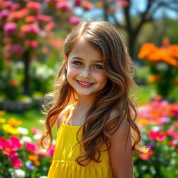 A charming photo of a cute girl with a joyful smile, standing in a vibrant, sunny park filled with blooming flowers and lush greenery