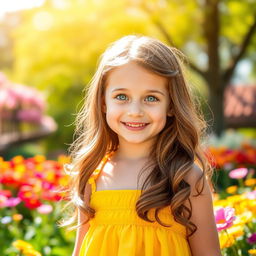 A charming photo of a cute girl with a joyful smile, standing in a vibrant, sunny park filled with blooming flowers and lush greenery