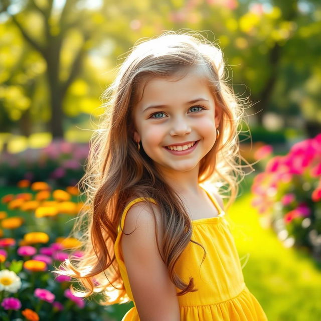 A charming photo of a cute girl with a joyful smile, standing in a vibrant, sunny park filled with blooming flowers and lush greenery