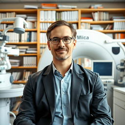 A professional portrait of a confident individual seated in a biomedical department, surrounded by a wide array of advanced medical equipment such as MRI machines, lab devices, and diagnostic tools