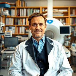 A professional portrait of a confident individual seated in a biomedical department, surrounded by a wide array of advanced medical equipment such as MRI machines, lab devices, and diagnostic tools