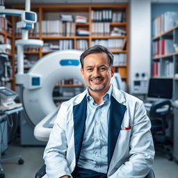 A professional portrait of a confident individual seated in a biomedical department, surrounded by a wide array of advanced medical equipment such as MRI machines, lab devices, and diagnostic tools