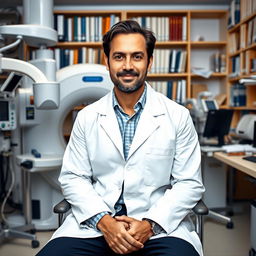 A professional portrait of a confident individual seated in a biomedical department, surrounded by a wide array of advanced medical equipment such as MRI machines, lab devices, and diagnostic tools