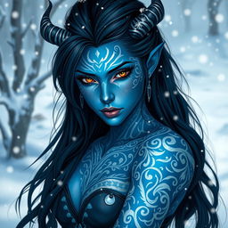 A beautiful blue-skinned female tiefling with striking black hair, adorned with intricate white tattoos that swirl elegantly across her skin