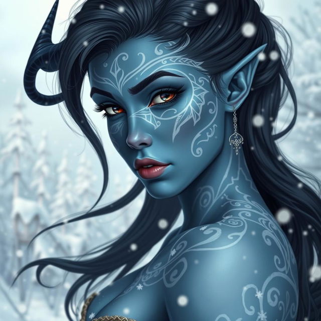 A beautiful blue-skinned female tiefling with striking black hair, adorned with intricate white tattoos that swirl elegantly across her skin