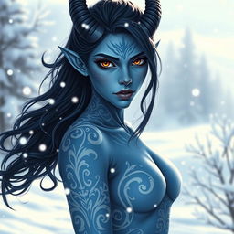 A beautiful blue-skinned female tiefling with striking black hair, adorned with intricate white tattoos that swirl elegantly across her skin