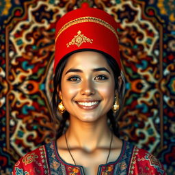 A portrait of a person wearing a traditional Turkish hat (fez) with a detailed Persian background that features intricate patterns, vibrant colors, and ornate designs