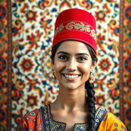 A portrait of a person wearing a traditional Turkish hat (fez) with a detailed Persian background that features intricate patterns, vibrant colors, and ornate designs