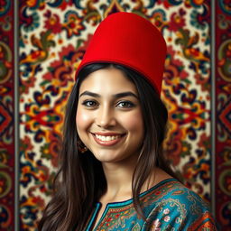 A portrait of a person wearing a traditional Turkish hat (fez) with a detailed Persian background that features intricate patterns, vibrant colors, and ornate designs