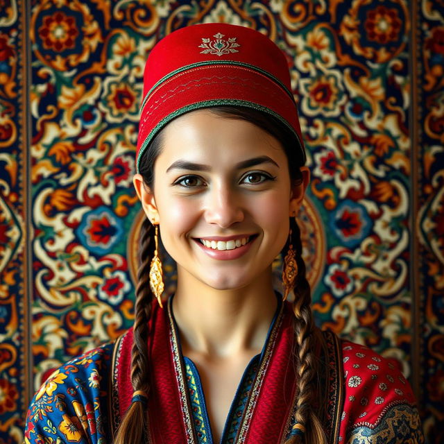 A portrait of a person wearing a traditional Turkish hat (fez) with a detailed Persian background that features intricate patterns, vibrant colors, and ornate designs