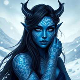 A stunning portrait of a female tiefling with blue skin, adorned with intricate white tattoos that emphasize her unique features