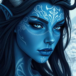 A stunning portrait of a female tiefling with blue skin, adorned with intricate white tattoos that emphasize her unique features