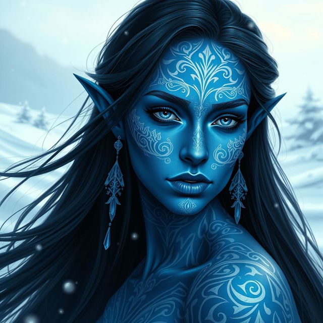 A stunning portrait of a female tiefling with blue skin, adorned with intricate white tattoos that emphasize her unique features