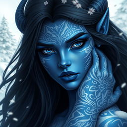 A stunning portrait of a female tiefling with blue skin, adorned with intricate white tattoos that emphasize her unique features