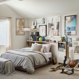 A spacious teenager's bedroom with neutral tones. Sports equipment lies casually around, a sleek desk occupies one corner for study, a bed with stylish linens, a skateboard, a guitar stand, and music and movie posters adorning the walls.