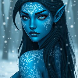 A tall, young female tiefling with striking blue skin, adorned with intricate white tattoos that glow softly against her skin