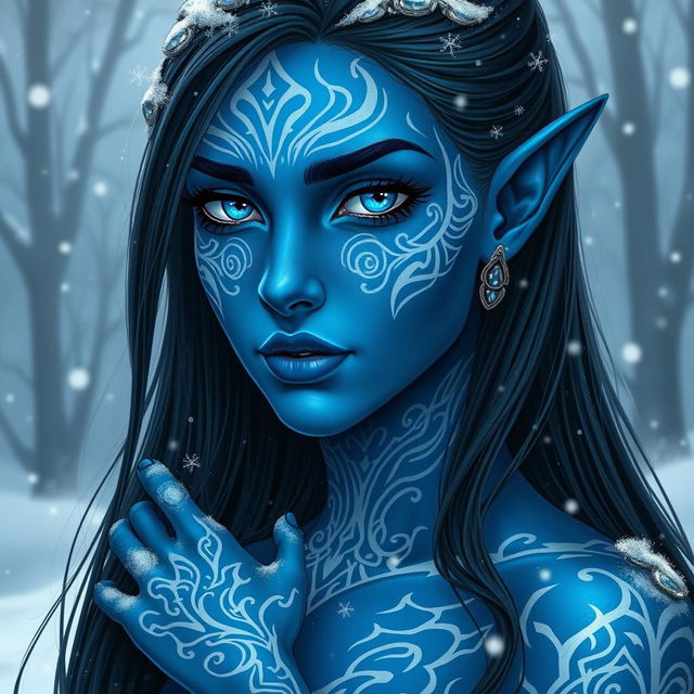 A tall, young female tiefling with striking blue skin, adorned with intricate white tattoos that glow softly against her skin