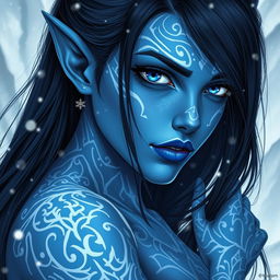 A tall, young female tiefling with striking blue skin, adorned with intricate white tattoos that glow softly against her skin