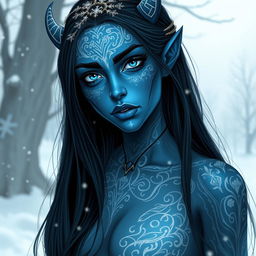 A tall, young female tiefling with striking blue skin, adorned with intricate white tattoos that glow softly against her skin