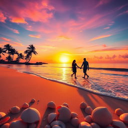 A vibrant and dreamy landscape featuring a beautiful sunset over a calm ocean, with gentle waves lapping at a sandy beach