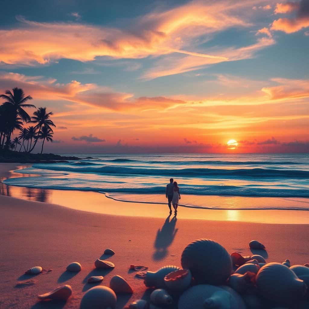 A vibrant and dreamy landscape featuring a beautiful sunset over a calm ocean, with gentle waves lapping at a sandy beach