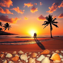 A vibrant and dreamy landscape featuring a beautiful sunset over a calm ocean, with gentle waves lapping at a sandy beach